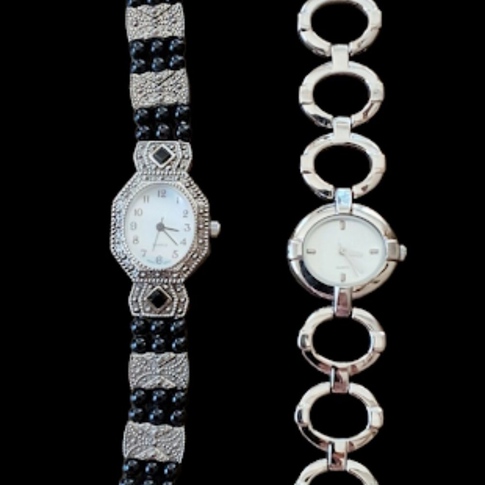 TWO - Vtg Avon Women's Black Onyx Beaded Watch & Silvertone Circle Watch